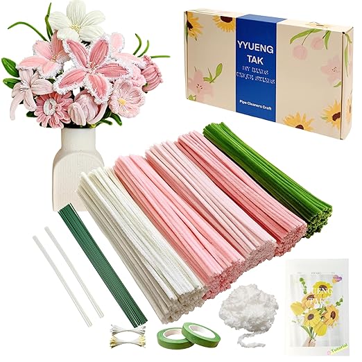 YYUENGTAK 350 Pcs Pink Pipe Cleaners Flower kit with tutoria,Fluffy Yarn,Green Floral Wires,Gardening Tape,Stamen(2 Colors)，Pipe Cleaners Craft,Chenille Stems for DIY Art Projects Creative Gift Decor