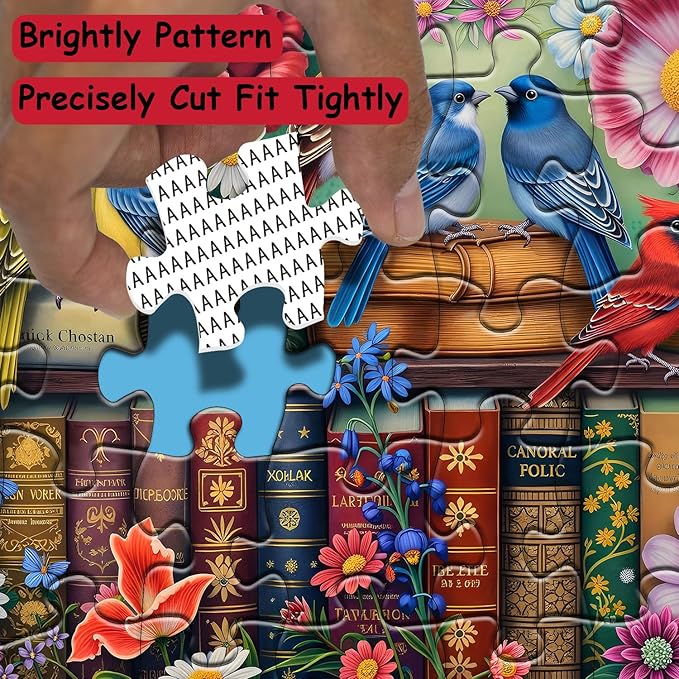 Flower Birds Puzzles for Adults 1000 Pieces, Wildflowers Bookshelf Jigsaw Puzzles, Challenging Spring Animal Puzzle as Home Wall Art Decor