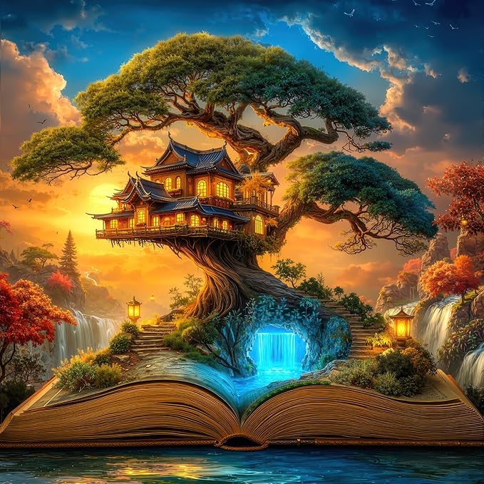 Magical Book Treehouse 1000 Piece Jigsaw Puzzle for Adults - Fantasy Asian Treehouse with Waterfall & Lanterns, Poster & Lettered Back, 22.8" Square HD Quality, Unique Gift for Book & Fantasy Lovers