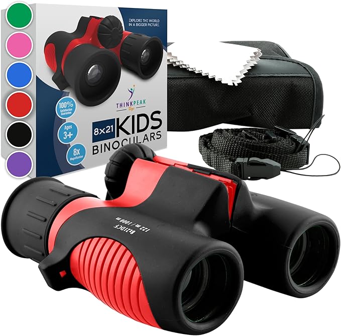 Think Peak Red Binoculars Science Toy for Kids Ages 3-12 Years - Real Compact Outdoor Adventure & STEM Educational Nature Hiking Explorer for Bird Watching, Camping Children’s Birthday Gift
