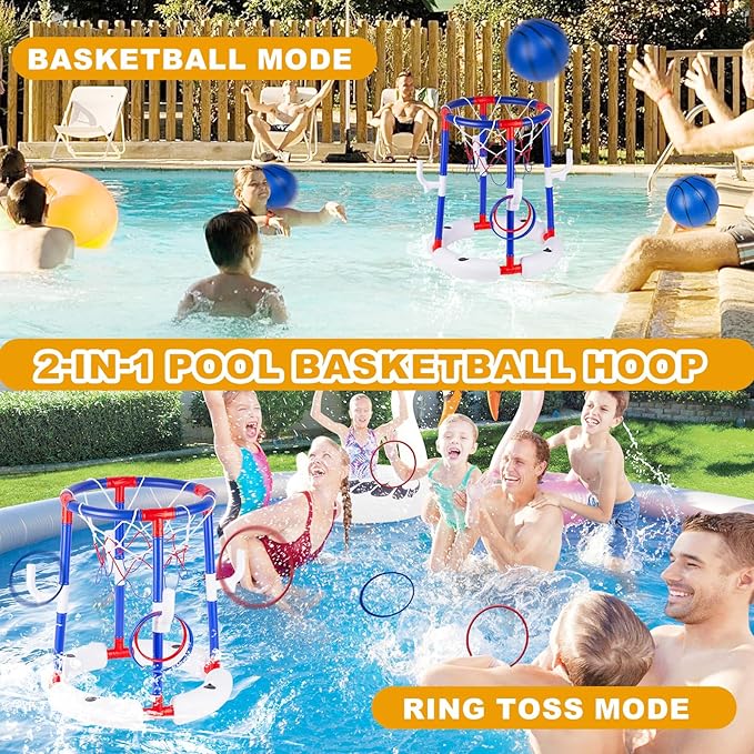 Taotuo Blue Floating Pool Basketball Hoop, 2-in-1 Basketball & Ring Toss Game with 4 Balls, 6 Rings&Pump, Summer Pool Toys Outdoor Water Fun Family Party for Age 3-12