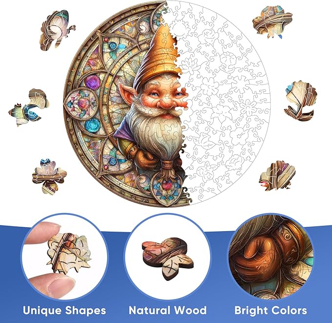 Pikoqunc Gnome Wooden Puzzle for Adults, Families & Friends – 500 Piece Round Wood Jigsaw with Unique Shapes, Perfect for Relaxation, Joy & Cozy Home Décor (16.5")