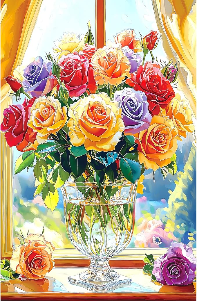 MINIWAN 500-Piece Jigsaw Puzzle for Adults - Colorful Roses in Glass Vase, 23x15 Inch Challenging Puzzle, Floral Puzzle for Adults & Teens, Premium Thick Cardboard Pieces with Reference Poster