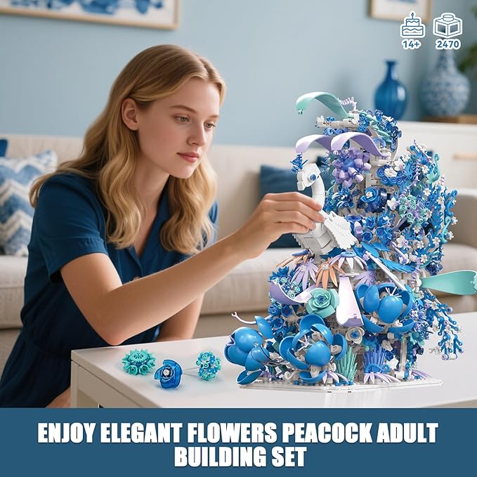 Blue Flowers Peacock Building Set for Adults - Creative Animal Botanicals Peacock Bird Toy Home Office Art Deocr, Compatible with Lego, for Women Mom (2470 PCS)