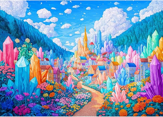 Bgraamiens 1000 Piece Jigsaw Puzzles for Adults – Magic Kaleidoscopic Geodes City – Vibrant Fantasy Challenge with Crystals and Flowers – Colorful Relaxation Gift