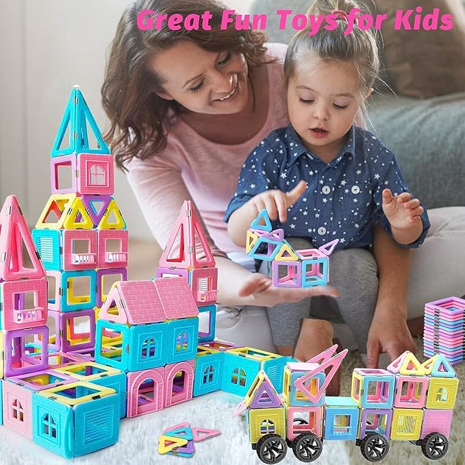 124PCS Magnetic Tiles Toys for 3 4 5 6 7 8+Year Old Boys Girls Upgrade Macaron Castle Blocks Building Set for Toddlers STEM Creativity/Educational Toys for Kids Valentines Day Christmas Birthday Gifts