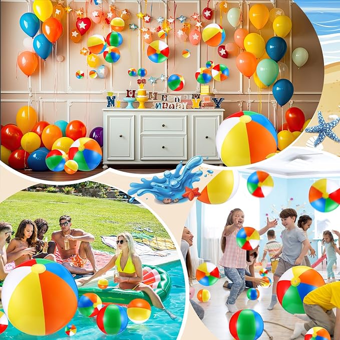 Realspring 36 Pcs Inflatable Beach Balls Bulk 6" 12" 16" 24" 40" Multiple Sizes PVC Summer Swimming Pool Ball for Adults Outdoor Beach Hawaii Water Games Party Decorations
