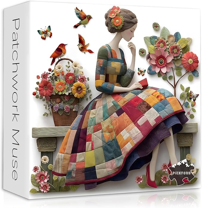 Floral Muse Jigsaw Puzzle 1000 Pieces for Adults, Patchwork Quilting Art Puzzle with Flowers Birds,Woman Flower Garden Themed, Handmade Style Sewing Puzzle Challenge