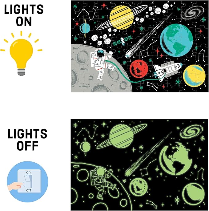 Mudpuppy Outer Space – 100 Piece Glow in The Dark Jigsaw Puzzle with a Fun Scene of Planets and Stars and Hidden Details in The Dark