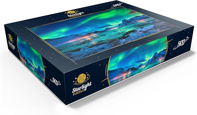 MyPuzzle Aurora Borealis Over Sea Coast, Lights At Night. Northern Lights On Lofoten Islands, Norway - Premium 500 Piece Jigsaw Puzzle for Adults