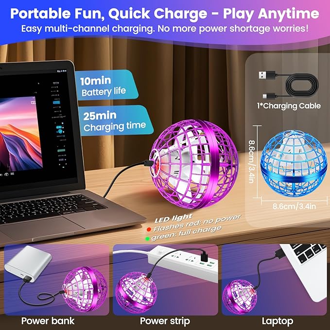 Flying Orb Ball Toy, 2026 Upgrade Hand Controlled Hover Ball with LED Lights,360° Rotating Boomerang Globe Cool Mini Drone, Ideal Birthday&Christmas Gift for Boys Girls-Blue & Purple