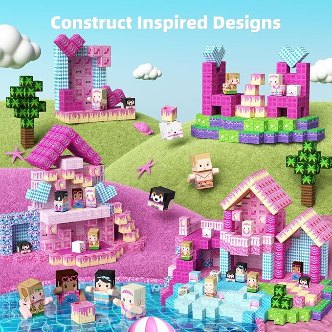 GobiDex 100PCS Magnetic Blocks Princess Building Toys for Girls 3+, Magnet Pink Castle STEM Sensory Playsets for Toddler Kids Birthday Gifts