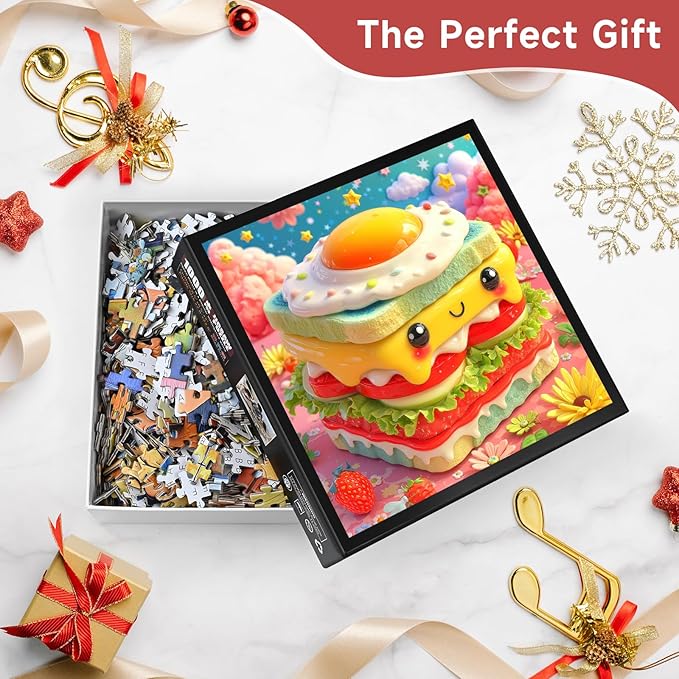 Cute Kawaii Sandwich 1000 Piece Jigsaw Puzzle for Adults - Whimsical Food Art with Smiling Egg & Strawberries, Poster & Lettered Back, 22.8" Square HD Quality, Unique Gift for Food & Kawaii Lovers