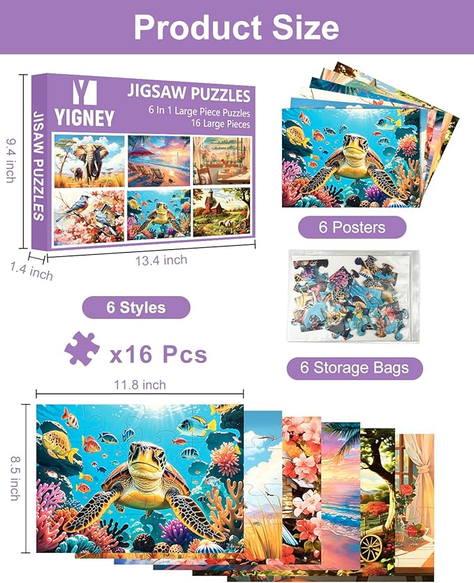 Yigney 6 Pack 16 Large Piece Jigsaw Puzzles for Seniors Alzheimer Product for Elderly Dementia Activities Memory Game for Patients in Nursing Home with Storage Box