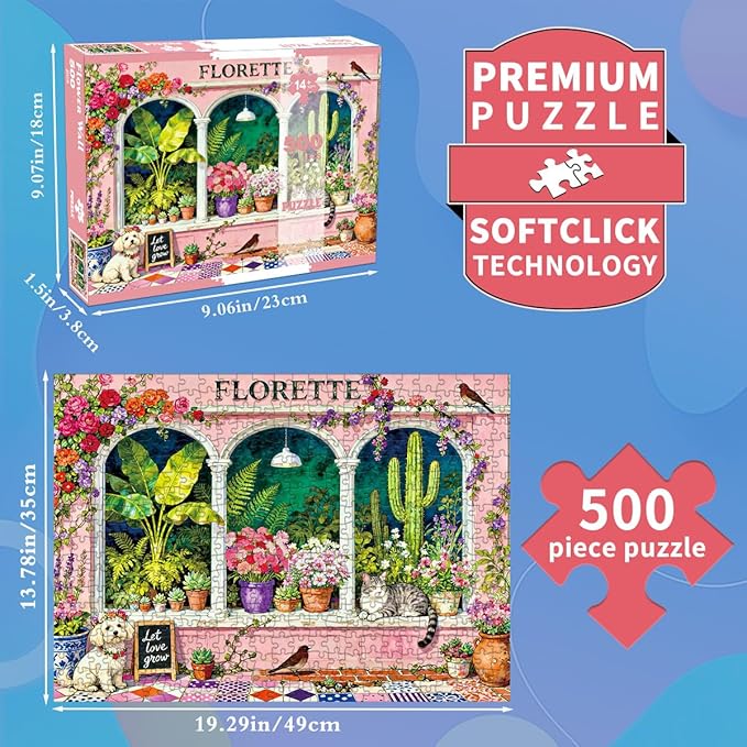 500 Piece Jigsaw Puzzle for Adults -Floral Garden Window with Cute Cat Puppy - Vibrant Pink Plant Decor Paper Puzzle for Relaxation Finished Size 19.3" x 13.7"