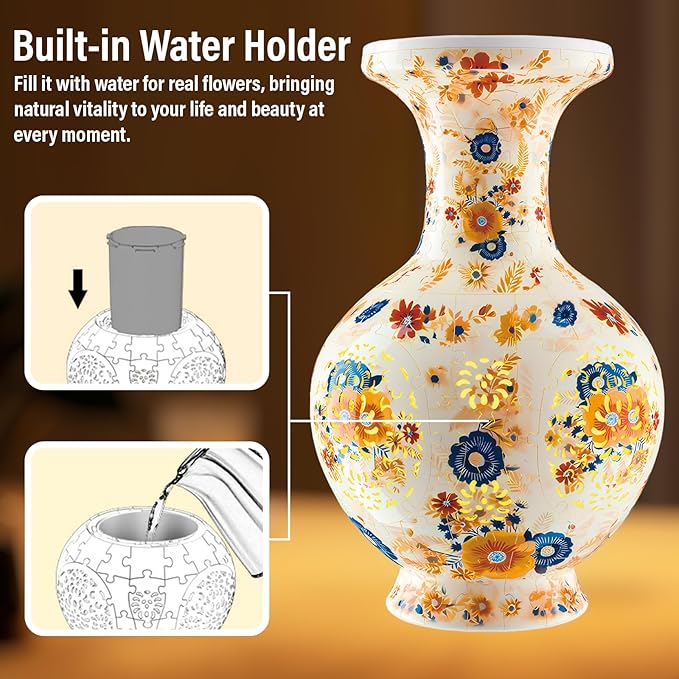 3D Puzzle Vase for Adults with LED Light, 200 Curved Pieces DIY Flower Vase Craft Kit, Creative Jigsaw Art Project Home Décor Centerpiece (C- Petaluxe Vase)
