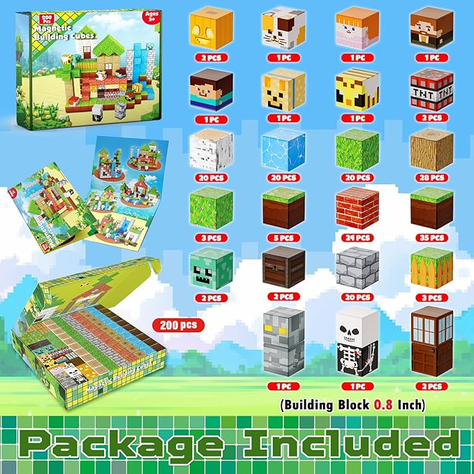 200PCS Magnetic Blocks - Magnetic Building Blocks, Magnet Cubes Game, Stacking Forest Set, STEM Montessori Sensory Stacking Toys for Kids Boys and Girls Ages 3+ Easter Birthday Gifts