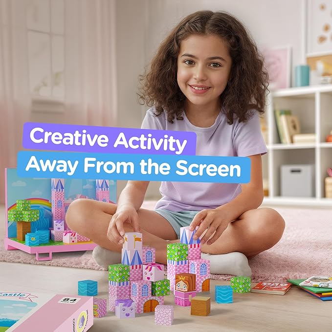Magnetic Building Blocks for Kids with Magnetic Storage Board — Princess Castle Magnet Cubes Toy Building Set — Gift-Ready 84-Piece Pixy Stacking STEM Building Toys for Boys & Girls Ages 3 to 12