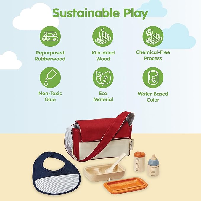 PlanToys® Baby Doll Feeding Set for Kids | Wooden Pretend Play Baby Care Accessories with Bag, Bottles, Bib, Spoon & Food Box | Montessori Toy for Toddlers | Eco-Friendly Doll Accessory Kit