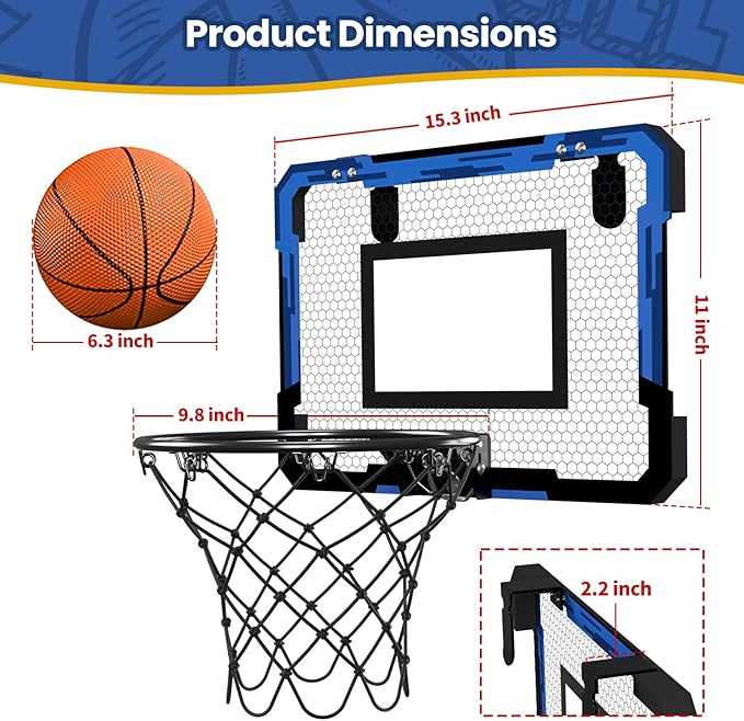 QDRAGON Mini Basketball Hoop, Over The Door Indoor, with 3 Balls/Inflator/Breakaway Rim, Basketball Toy Gifts for Kids and Adults, Suit for Bedroom/Office/Outdoor
