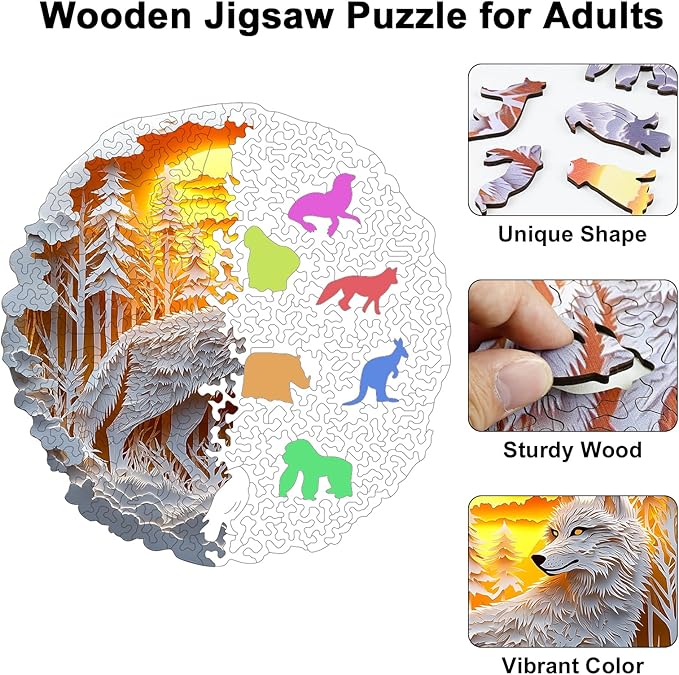 Wooden Puzzles for Adults, 210 Pieces White Wolf Sunset Forest Circular Jigsaw Puzzle, Unique Shaped Laser Cut Wood Art Puzzle, Easter Gift for Mom, for Nature Lovers