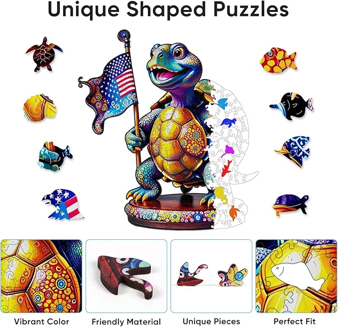 Bovearto Turtle Puzzles for Kids, Flag Turtle Wooden Jigsaw Puzzles, Ocean Unique Shaped Undersea Brain Teaser Puzzle Gift for Kids Family Puzzle Games 215 Pieces (10.8"*12")
