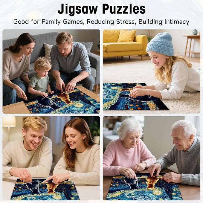 500 Piece Puzzles for Adults, Starry Night Cat Jigsaw Puzzle with Letters on Back, Art Animal Puzzle for Game Nights & Home Decor, 18×18 Inch Cardboard