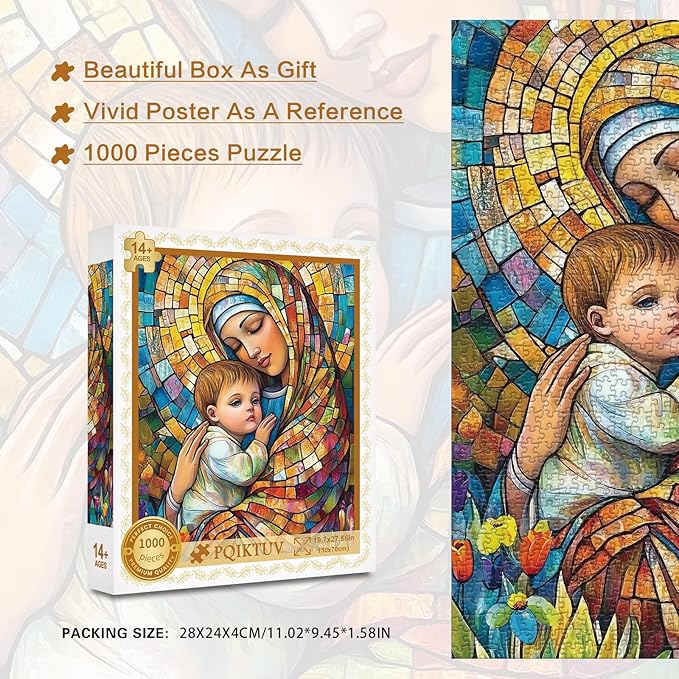 1000 Piece Adult Puzzle, Stained Glass Scene, Religious Design Jigsaw Puzzles Mosaic Art with Letter Markings, Family Impossible Challenge Puzzle, – Home Decor Gift, 50x70cm (19.7x27.56 in)