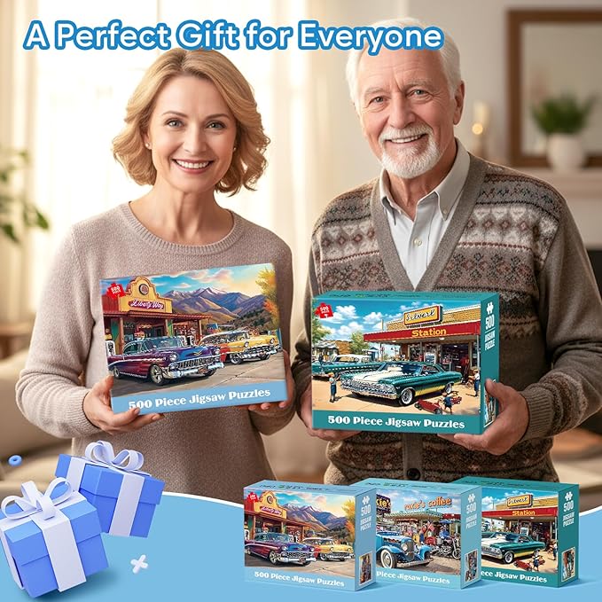 3 Pack 500 Pieces Jigsaw Puzzles, Retro 500 Piece Puzzles for Adults, Car Recycled Cardboard Puzzle for Seniors Teens, Interlock Perfectly Letter on Back, Home Decor Birthday Gift, 20.5 x 15 in