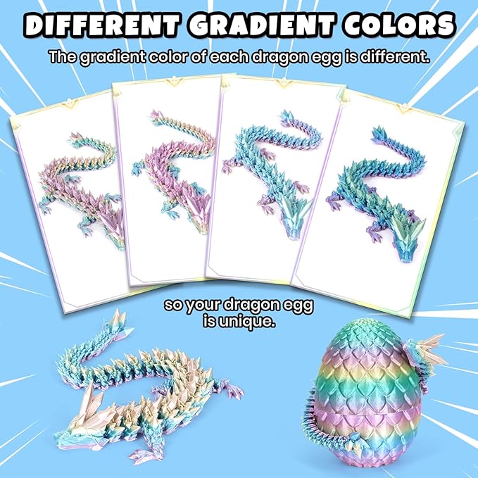 12" 3D Printed Dragon, Upgraded Fall Protection Dragon Egg & Reinforced 3D Dragons Joints, Safe Eco-Friendly Fidget Toy, Ideal for Easter Basket Stuffers, Easter Eggs (Rainbow Color)