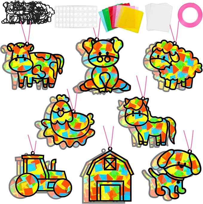 QOUBAI 32 Sets Farm Animals Suncatchers Craft Kit DIY Window Stained Glass Effect Cow Horse Chicken Paper Craft Home School Classroom Decoration Kid Birthday Gift Creative Art Project Activity Game