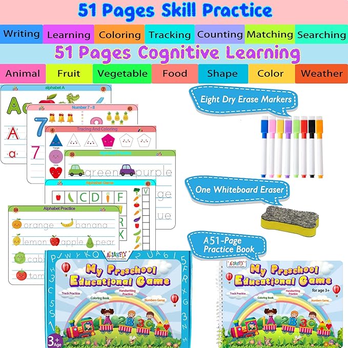 ALIANFLY Preschool Learning Activities Educational Workbook - Toddler Prek Montessori Handwriting Practice Activity Tracing Toys Busy Book for Kids, Autism Learning Materials and ABC Learning Book