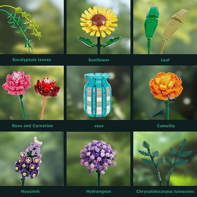 Flowers Bouquet Toys Building Blocks Set with Vase, Roses, Sunflower, Hyacinth, Hydrangea, Artificial Plants for Adults, Teen Girls, Home, Office Decor- 1853pcs