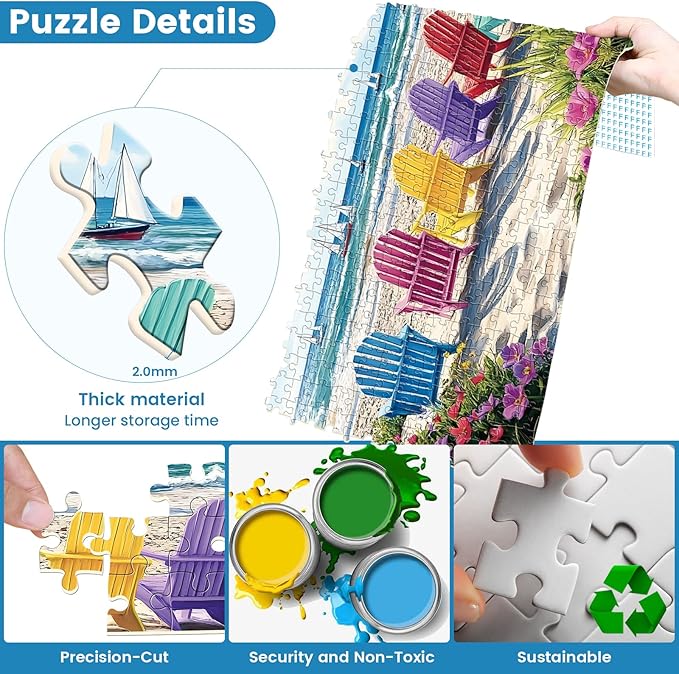 500 Piece Puzzles for Adults,Hawaiian Beach Rainbow Chair Puzzle for Adults Seniors,Recycled Paper Colorful Summer Sailboat Scene Jigsaw Puzzle,Challenging for Friends Men Women,20.5 * 15In