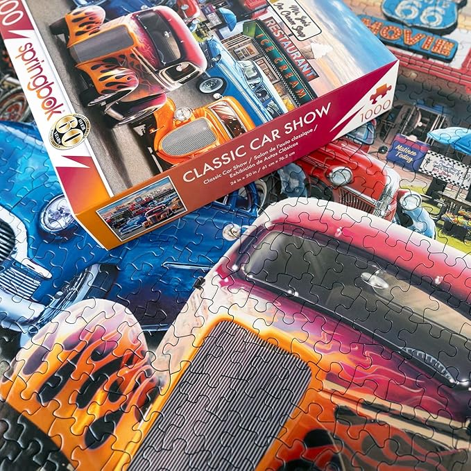 Springbok's Classic Car Show 1000 Piece Puzzle for Adults Showcases Hot Rods and Classic Cars in All Their Colorful Glory. - Made in The USA