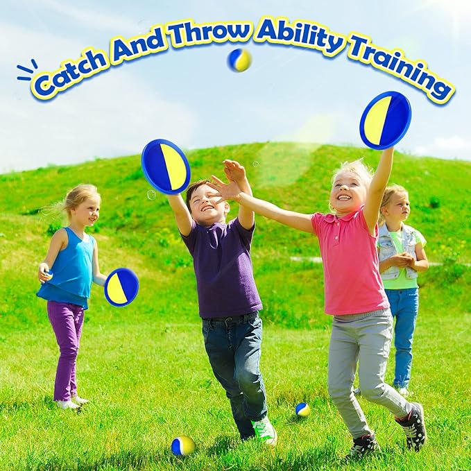Charniol Kids Toys Toss and Catch Game Set Beach Game Outdoor Ball Sports Games Toss and Catch Ball Nylon Toys for Kids Adults(Blue Yellow,12 Paddles 6 Balls)