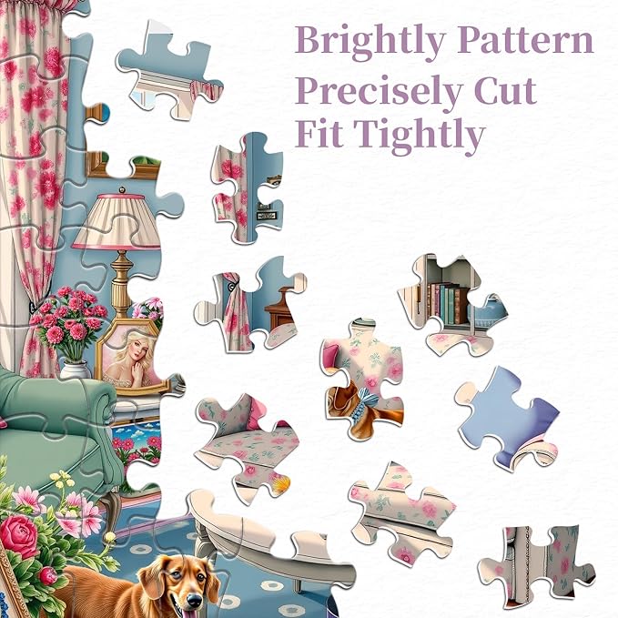 Living Room Puzzle 1000 Pieces for Adults, Flower Dog Jigsaw Puzzle, Challenging Floral Room Puzzle as Wall Decor