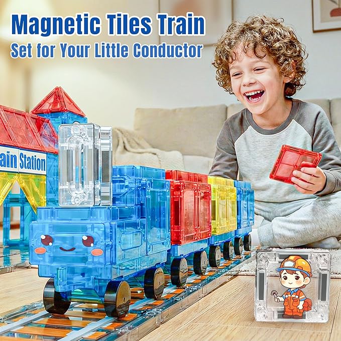 Magnetic Tiles Train Toys, Train Station Magnet Tiles for Kids Ages 4-8 with Magnetic Tiles Cars, Preschool Classroom Educations STEM Learning Montessori Toys Gifts for Toddler Boys and Girls