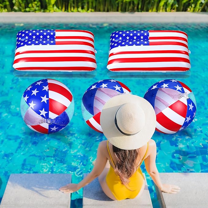5 Pcs Inflatable 4th of July Pool Float USA 250th Anniversary American Flag Star Beach Balls Large 20'' Red White and Blue Inflatable Balls Independence Day Patriotic Decoration for Summer Pool