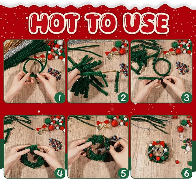 902 Pcs Christmas Pipe Cleaners Set Including 320 Pcs Pipe Cleaners 300 Pcs Pom Poms 150 Pcs Wiggle Googly Eyes Self Adhesive 120 Pcs Bells 12 Pcs Bows for Christmas Decoration DIY Art Supplies