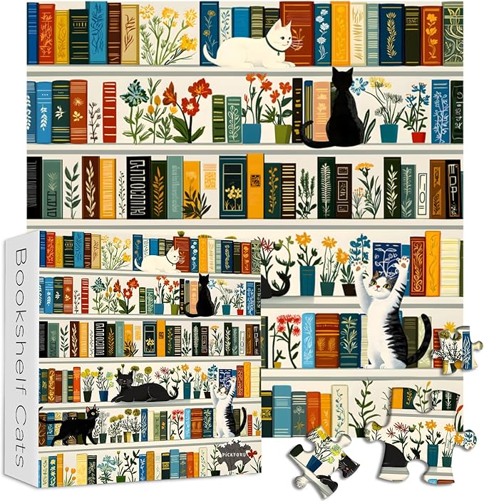 Retro Bookshelf Book Jigsaw Puzzles 1000 Pieces, PICKFORU Vintage Cat Flower Puzzles for Adults Wildflower, Funny Cute Kitten Theme as Wall Decor
