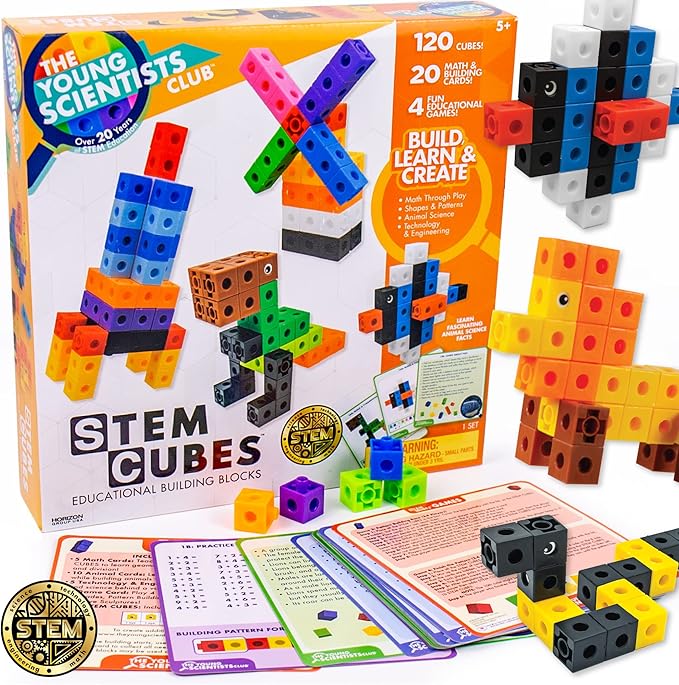 The Young Scientists Club STEM Cubes, Build, Learn & Create with 100+ Math Cubes Manipulatives, 4-in-1 Educational Games, Math Cubes for Kids Ages 4-8, Awesome Learn Through Play Toys