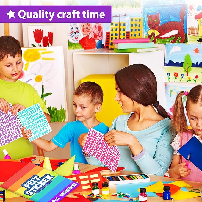 KRAFUN 500+ Felt Stickers for Kids - Self-Adhesive Alphabet Letters, Numbers & Fun Shapes DIY Scrapbook Arts and Crafts Supplies Educational Learning Activity Gift for Toddlers Boys & Girls Ages 3+