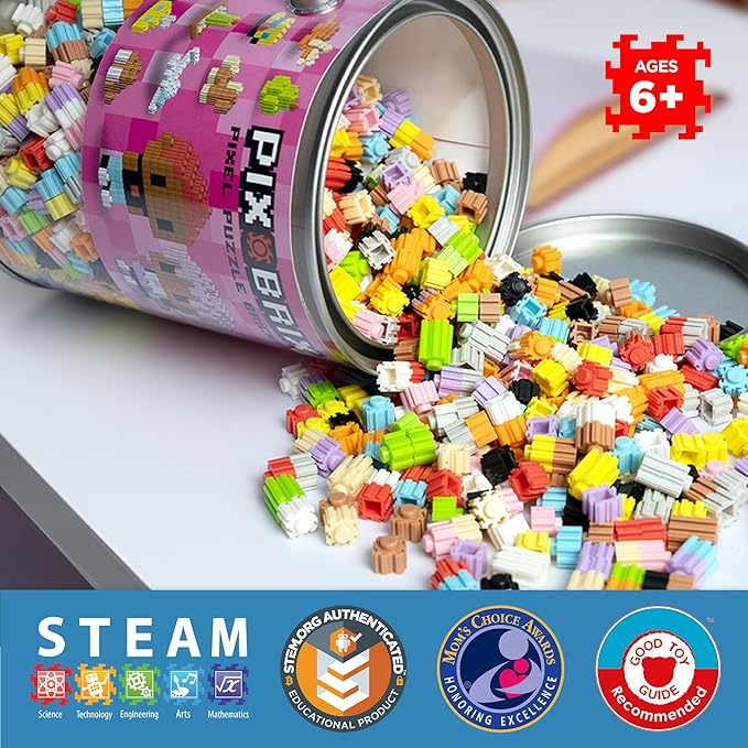Pix Brix Pixel Art kit Puzzle Bucket - 1,500-Piece Kit with 12-Color Light Palette – Patented Interlocking Building Bricks for 2D and 3D Creations – STEM Toy for Ages 6+
