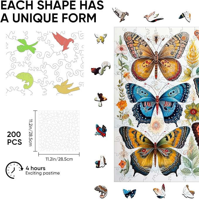 Bodhipnjoy Butterfly Puzzles for Adults, Spring Flower Butterfly Puzzles 5MM, 200Piece Unique Shaped Jigsaw Puzzles, Creative Gift Family Games 11.2 x 11.2 in