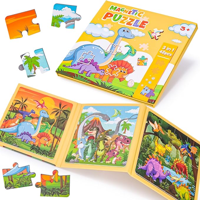 LovesTown Magnetic Puzzles Book for Toddlers, Educational Learning Toys, Dinosaur 48 Piece Travel Activity Set