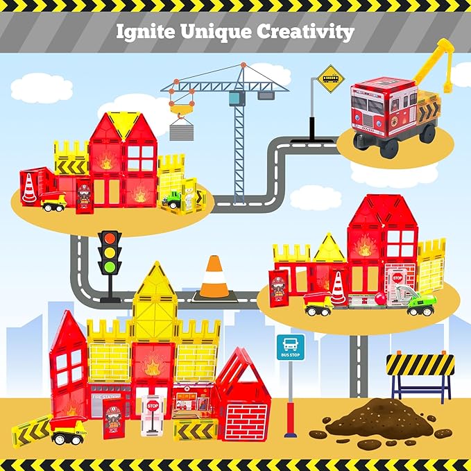 Magnetic Tiles for Kids, 56PCS Construction Magnet Tiles with Fire Truck & Station, Building, Road, Crane, and Car Truck - STEM Magnetic Blocks for Kids Ages 4-8, Toys for 4+ Year Old Boys Gifts