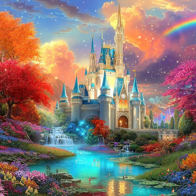 Enchanted Rainbow Castle 1000 Piece Jigsaw Puzzle for Adults - Fantasy Castle with Waterfalls & Autumn Trees, Poster & Lettered Back, 22.8" Square HD Quality, Unique Gift for Fairy Tale Lovers