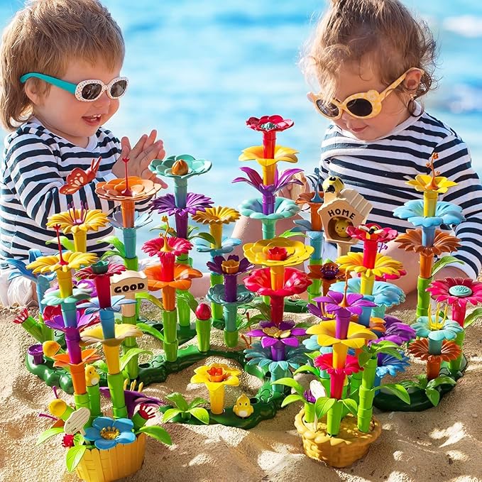 TEMI 138 PCS Flower Garden Building Toys for Girls Toys, Educational STEM Toy and Preschool Garden Play Set for Toddlers 3 4 5 6 7 8 Year Old Kids Boys Girls, Flower Stacking Toys for Kids Age 3-6