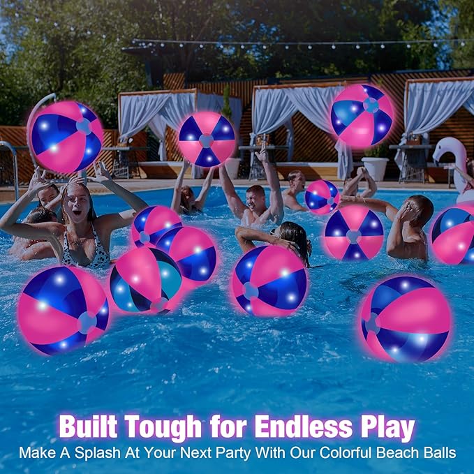 12 Pcs Light up Beach Balls 16'' Jumbo Pool LED Balls Glow in The Dark Neon Giant Inflatable for Summer Hawaiian Tropical Theme Beach Party Decor Water Accessory (Pink)